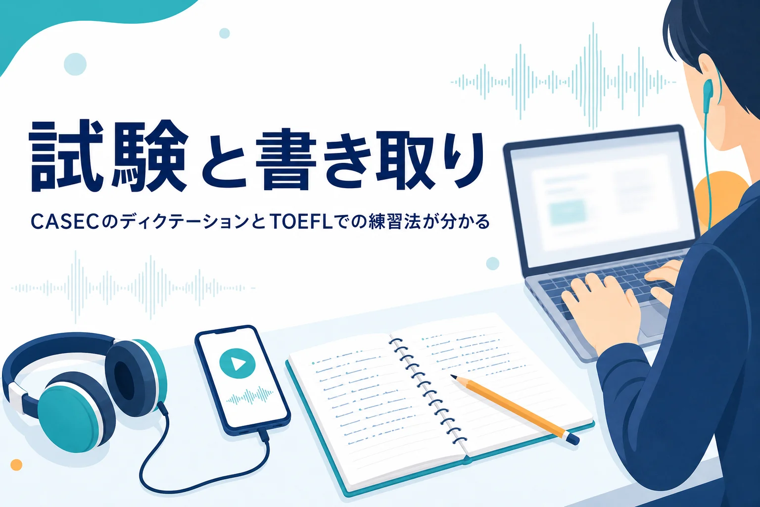 CASECとTOEFLでのディクテーションの出方と練習法を解説する記事のアイキャッチ