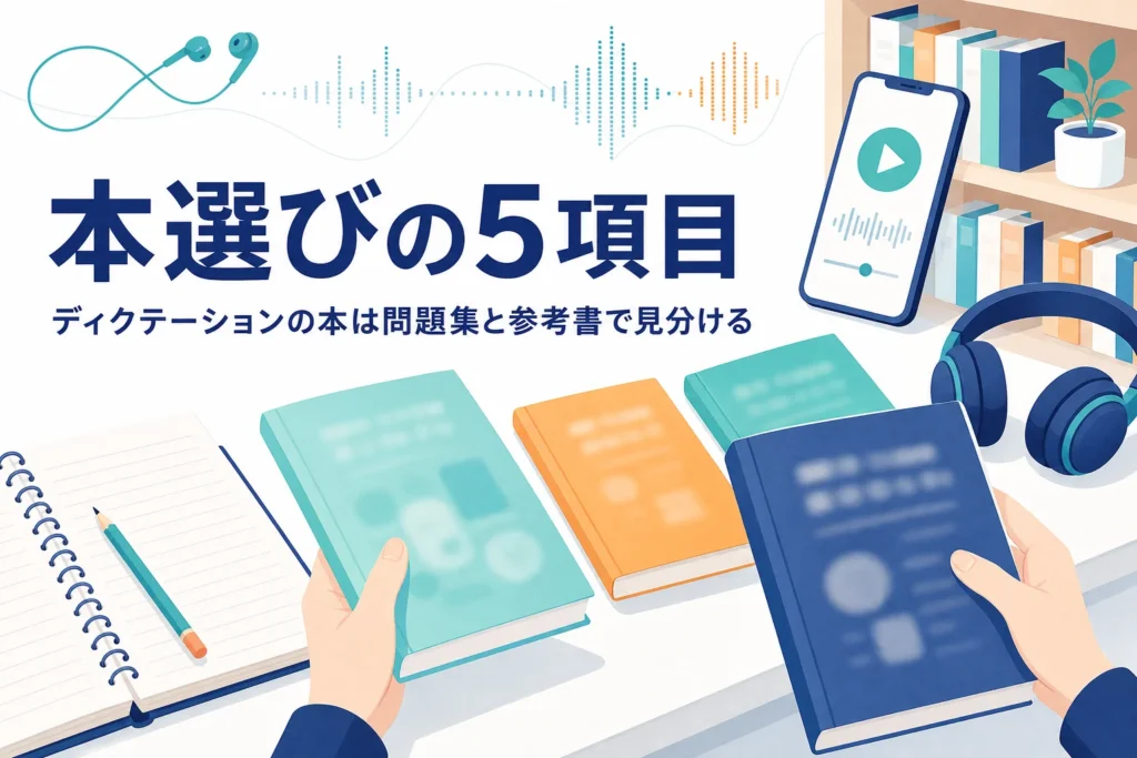 ディクテーションの本の選び方と問題集・参考書の見分け方を解説する記事のアイキャッチ