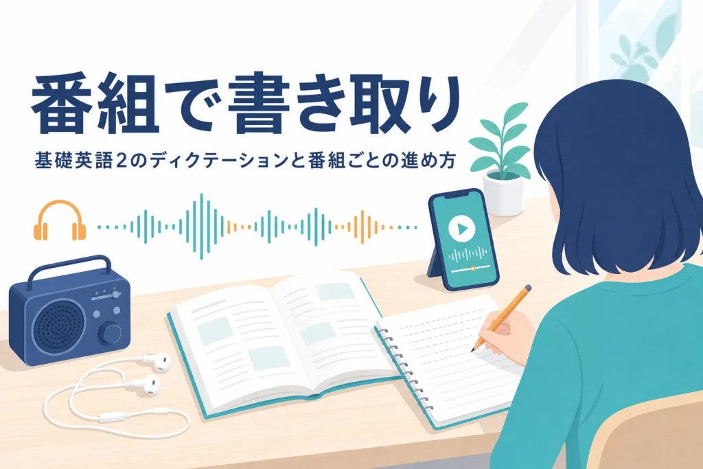 基礎英語とエンジョイ・シンプル・イングリッシュを使ったディクテーションの進め方を解説する記事のアイキャッチ
