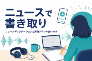 ニュースや海外ドラマを使ったディクテーションの方法とBBC・VOAの使い方を解説する記事のアイキャッチ