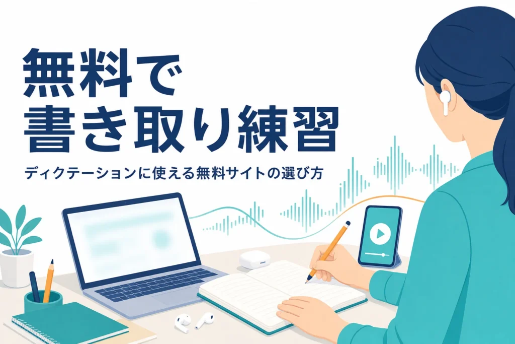 英語のディクテーションに使える無料サイトの選び方を解説する記事のアイキャッチ