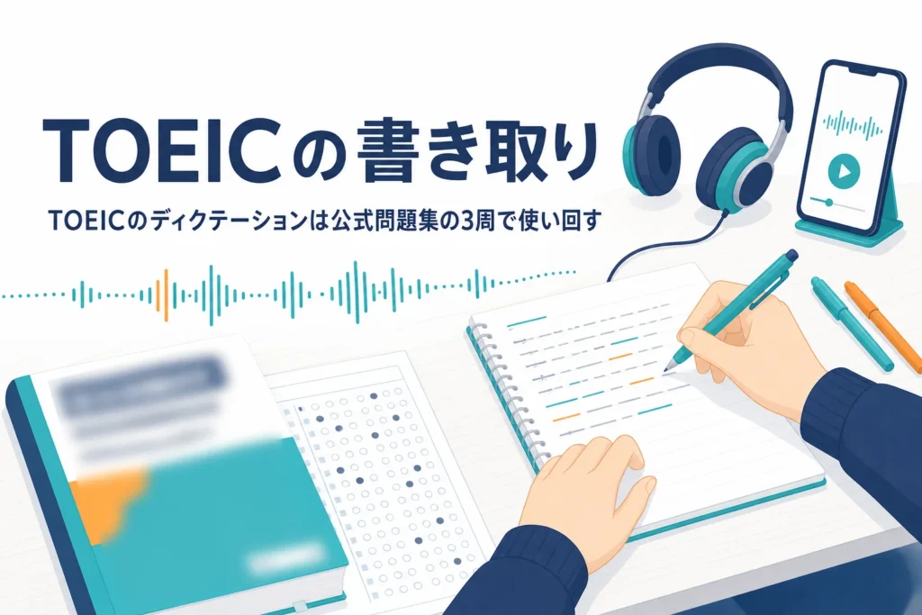 TOEICのディクテーションのやり方と公式問題集の使い方を解説する記事のアイキャッチ