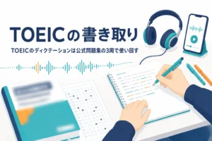 TOEICのディクテーションのやり方と公式問題集の使い方を解説する記事のアイキャッチ