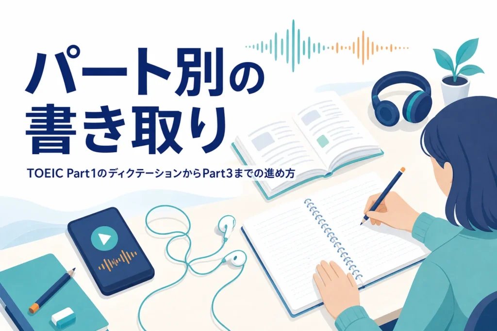 TOEICのPart1〜3をパート別にディクテーションする進め方を解説する記事のアイキャッチ