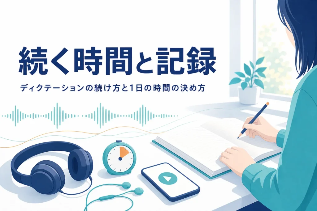 ディクテーションの続け方と1日の時間・記録の付け方を解説する記事のアイキャッチ